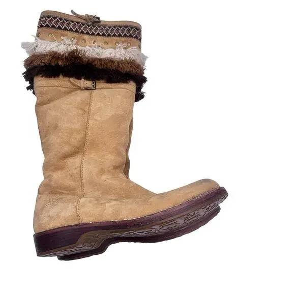 UGG 'Kiera' WOMEN's Tan Suede Shearling Lined Fringe Boho Knee-High Boots SIZE 8 - Picture 3 of 14